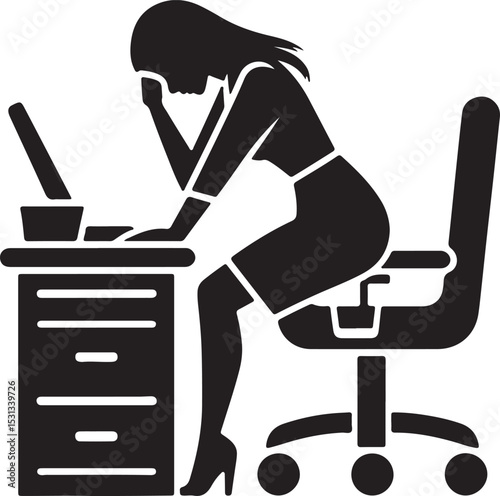 Silhouette of woman at desk with laptop holding head in hand in black and white graphic