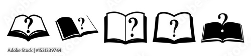 Five symbolic books open with question marks in black and white design