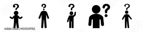 Questioning Individuals Row of Stick Figures Under Question Marks in Black