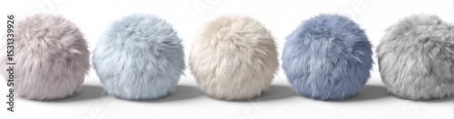 Five fluffy, round, faux fur balls in varying pastel shades