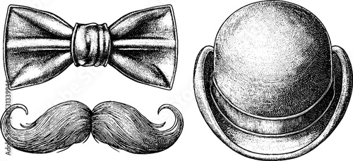 Vintage style bow tie, moustache, and bowler hat design for retro fashion concepts