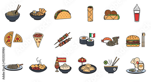 Vector icons Set of  Colorful Global Cuisine Icons Noodles Pizza Tacos Sushi and More. Vector Illustrations