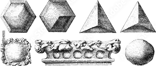 Geometric and architectural elements featuring hexagons and triangles