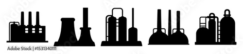 Silhouetted Array of Industrial Factories and Plants for Manufacturing Power Generation