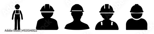 Multiple Silhouettes of Workers Wearing Hard Hats Depicted in Black and White