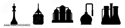 Chemical and industrial processing apparatus silhouette icons used in laboratories and manufacturing
