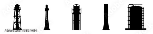 Silhouette of Industrial Towers and Structures Against White Background Displaying Variety