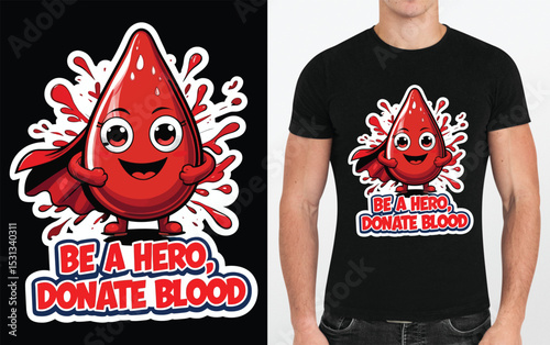 Cute Blood Drop Superhero Cartoon Character Encouraging Blood Donation on Black T-shirt Mockup.