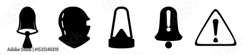 Simple black and white outline symbols illustration of a bell and warning sign