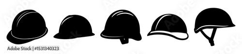 Silhouette illustration of five different types of protective headgear equipment