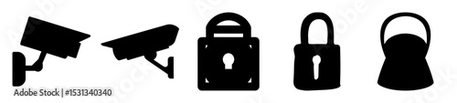Black and white security icons including cameras padlocks and a bucket
