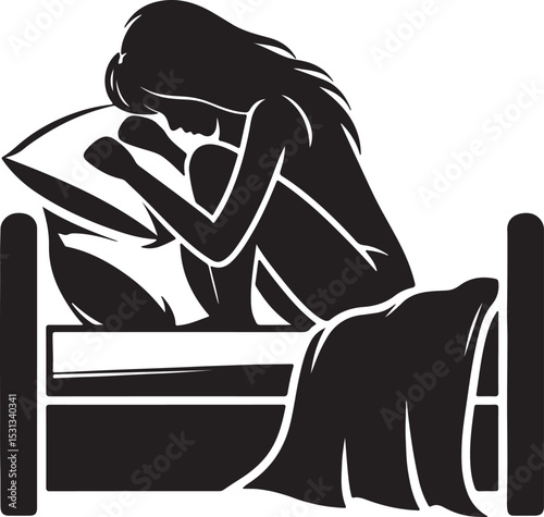 A silhouette of a woman sitting on a bed with her head resting on a pillow in distress