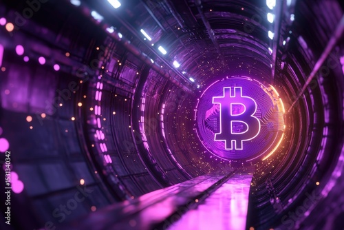 Digital tunnel showcasing a glowing bitcoin symbol.