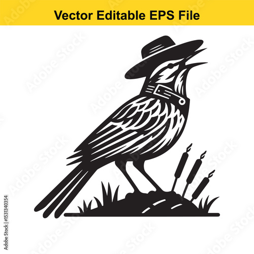 A stylish bird wearing a hat, singing merrily in a marshy environment