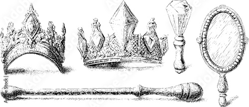 Enchanting fairy tale elements: tiara, magic wand, glass slipper, and mirror for storybook themes