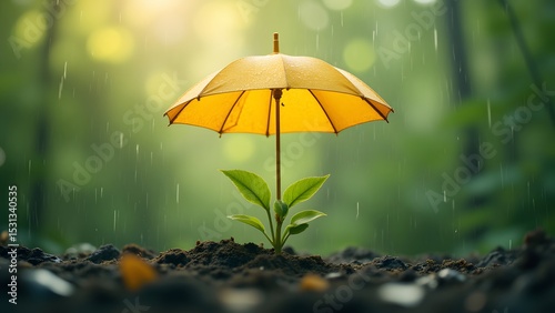 Wallpaper Mural A tiny sprout bravely emerges, sheltered by a vibrant yellow umbrella during a gentle rain, symbolizing growth, protection, and resilience in natures embrace. Torontodigital.ca