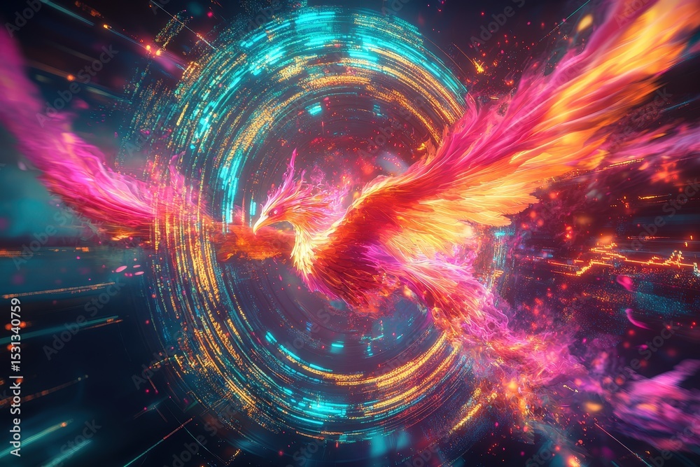 Fototapeta premium A vibrant phoenix soaring through a digital vortex of light.