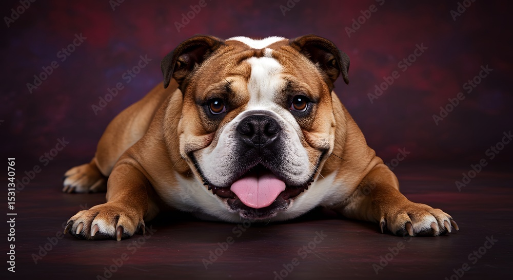Obraz premium Adorable English Bulldog with Tongue Out Lying Down in Studio
