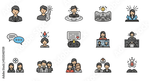 Vector icons Set of  Colorful Icons Depicting Diverse Aspects of Personal and Professional Growth. Vector Illustrations