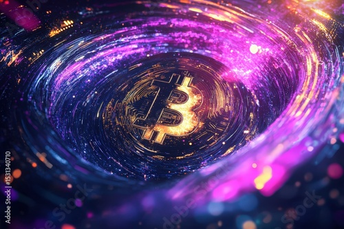 Golden bitcoin symbol surrounded by a swirling vortex of vibrant digital light.