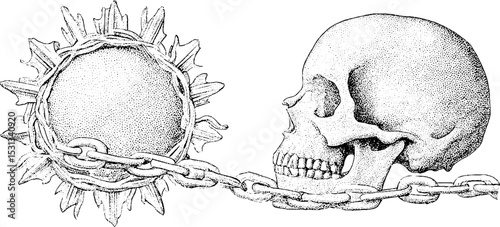 Artistic skull collage with spike halo and torn paper elements
