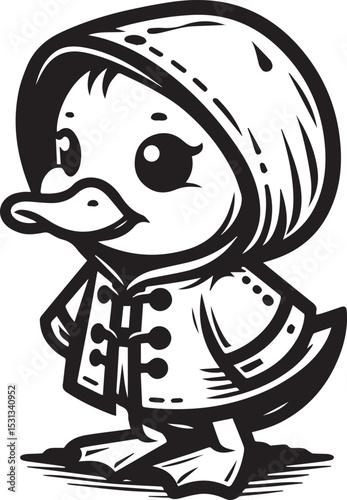 Adorable cartoon duckling wearing a raincoat boots ready for a rainy day adventure