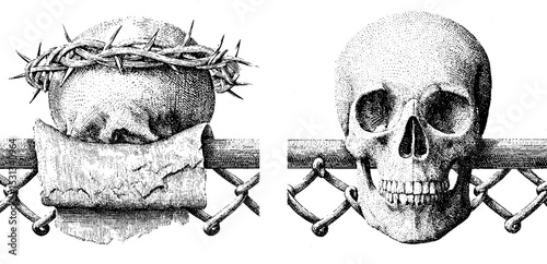 Vintage skull collage with torn paper, spike halo, and fence elements for creative design