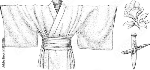 Traditional japanese kimono and obi sash with floral and katana elements for cultural design