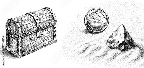 Vintage treasure chest, gold coin, and gemstone illustration for adventure design