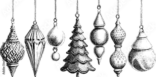 Vintage christmas tree ornaments set with intricate hanging hooks for holiday decoration design