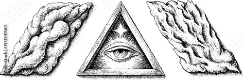 Mystical eye in triangle with undulating stripes and cosmic nebula shape for design