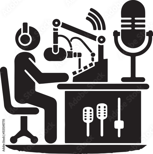 Illustration of person at podcasting desk with microphone and headphones in black and white