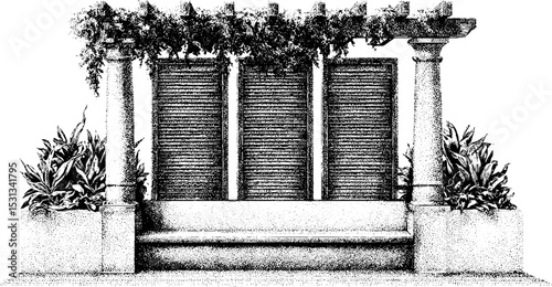 Elegant garden seating with vertical louvered screen and natural foliage for outdoor design