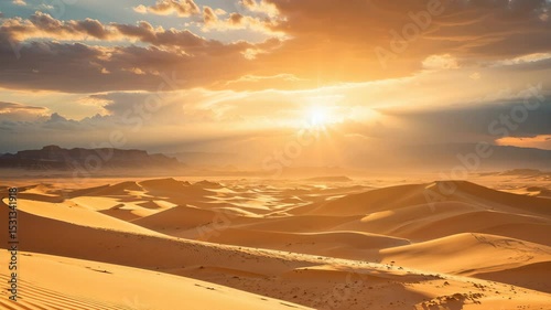 Golden Light Sunset over a Beautiful Desert Landscape with Dramatic Clouds and Dunes