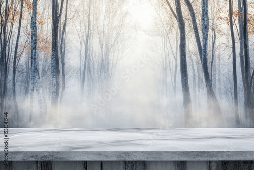 Wallpaper Mural Misty forest scene with a flat, light gray stone surface Torontodigital.ca