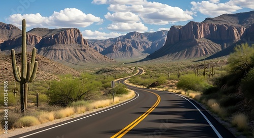 Scenic winding road through Arizona Sonoran Desert, featuring saguaro cacti, rugged mountains, blue sky, and dramatic clouds – iconic American Southwest travel, adventure, and nature landscape