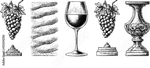 Vineyard elements and wine glass pictogram for design and decor