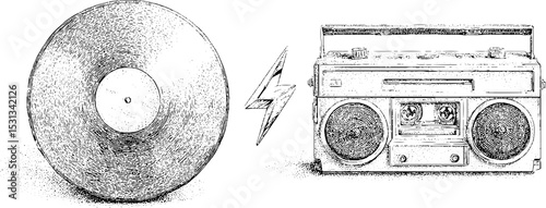 Retro music vibes: vintage vinyl record and boombox with neon lightning icon for design