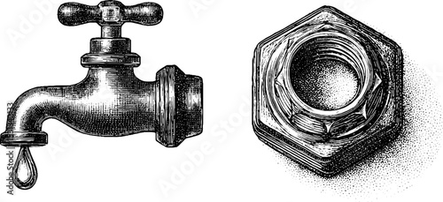 Vintage faucet spout and dripping water design for retro plumbing decor