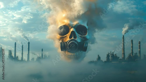 Giant skull wearing gas mask rises over industrial smog