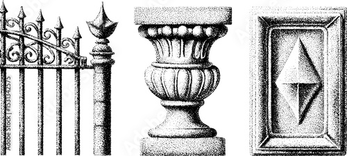 Classic architectural elements silhouette collection with wrought iron gate and gaslamp