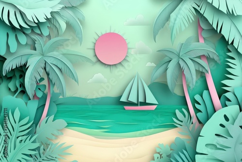 Pastel colored tropical scene with paper cut design.