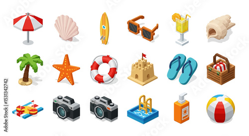 Vector icons Set of  Colorful Isometric Summer Vacation Icons Set. Vector Illustrations