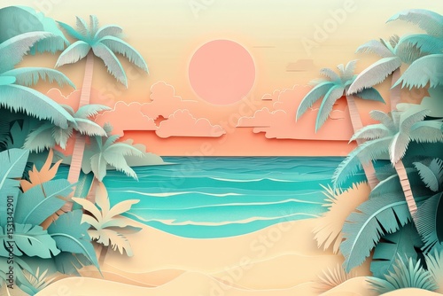Tropical beach scene with palm trees and pastel colors.