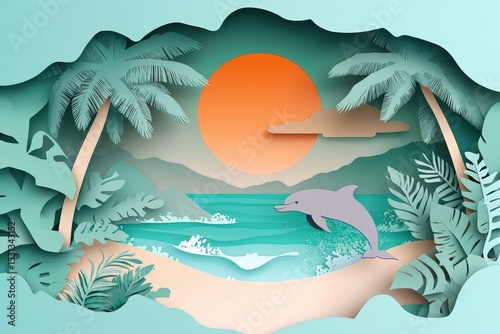 Tropical beach scene with a dolphin leaping.