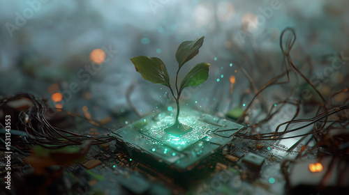 Grüne Pflanze wächst aus Schaltkreis zwischen Elektroschrott Mikrochips und Prozessor mit Kabel. Künstliche Intelligenz KI
