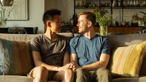 Wallpaper Mural Loving couple sitting together on cozy sofa at home
 Torontodigital.ca