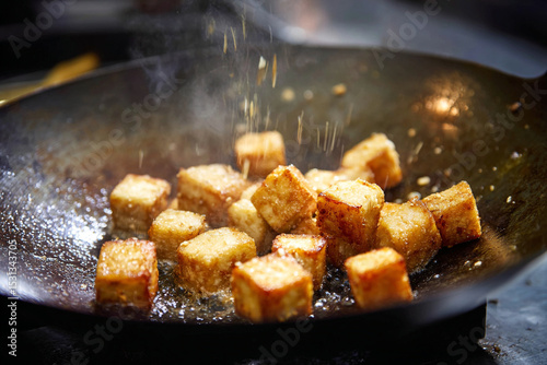 Close up of diced tofu being cooked in a wok with oil and seasonings being added to the dish