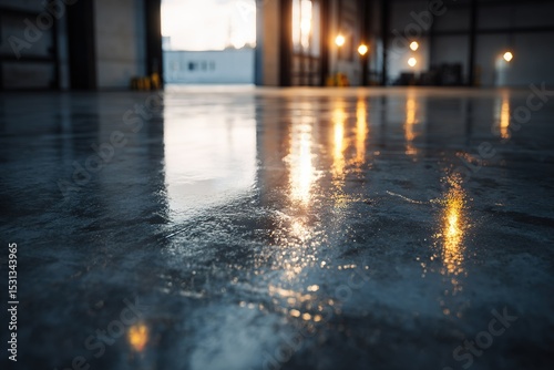 Reflections of lights on the wet floor in an industrial warehouse at dusk