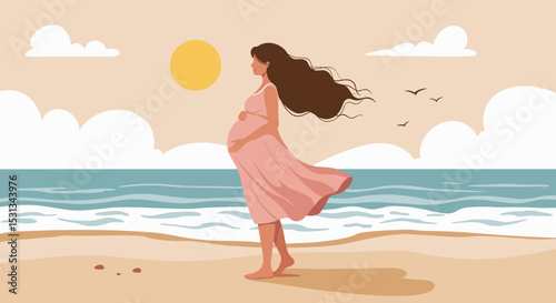 Pregnant woman standing by the beach in soft sunlight with ocean view,  for resources on motherhood and parenthood, stress relief